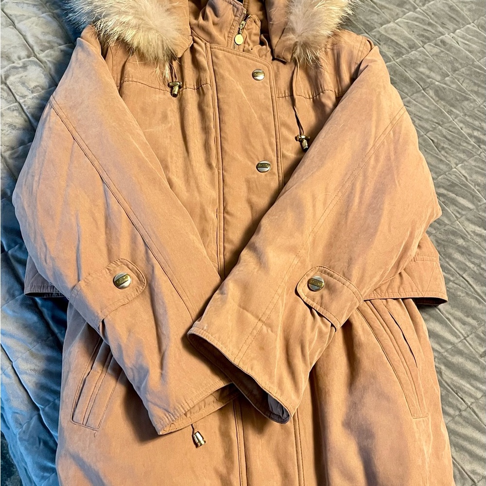 Bernardo Tan Puffer Coat with Faux Fur Hood